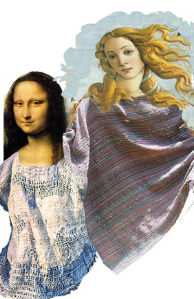 Weavings modeled by exhibits of Mona Lisa  and Venus.